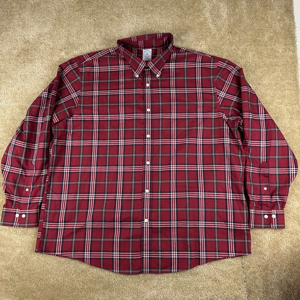 Brooks Brothers 1818 Mens Shirt XXL 2XL red plaid Button Regular t Fit Supima